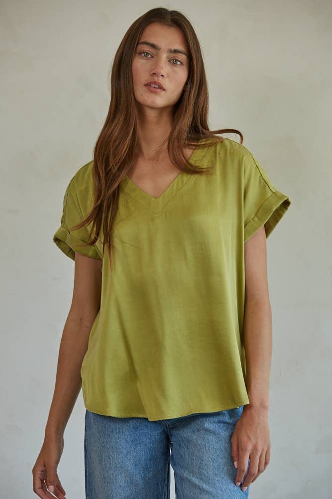 Woven Tencel Rayon Satin V-Neck Short Sleeve Top - By together