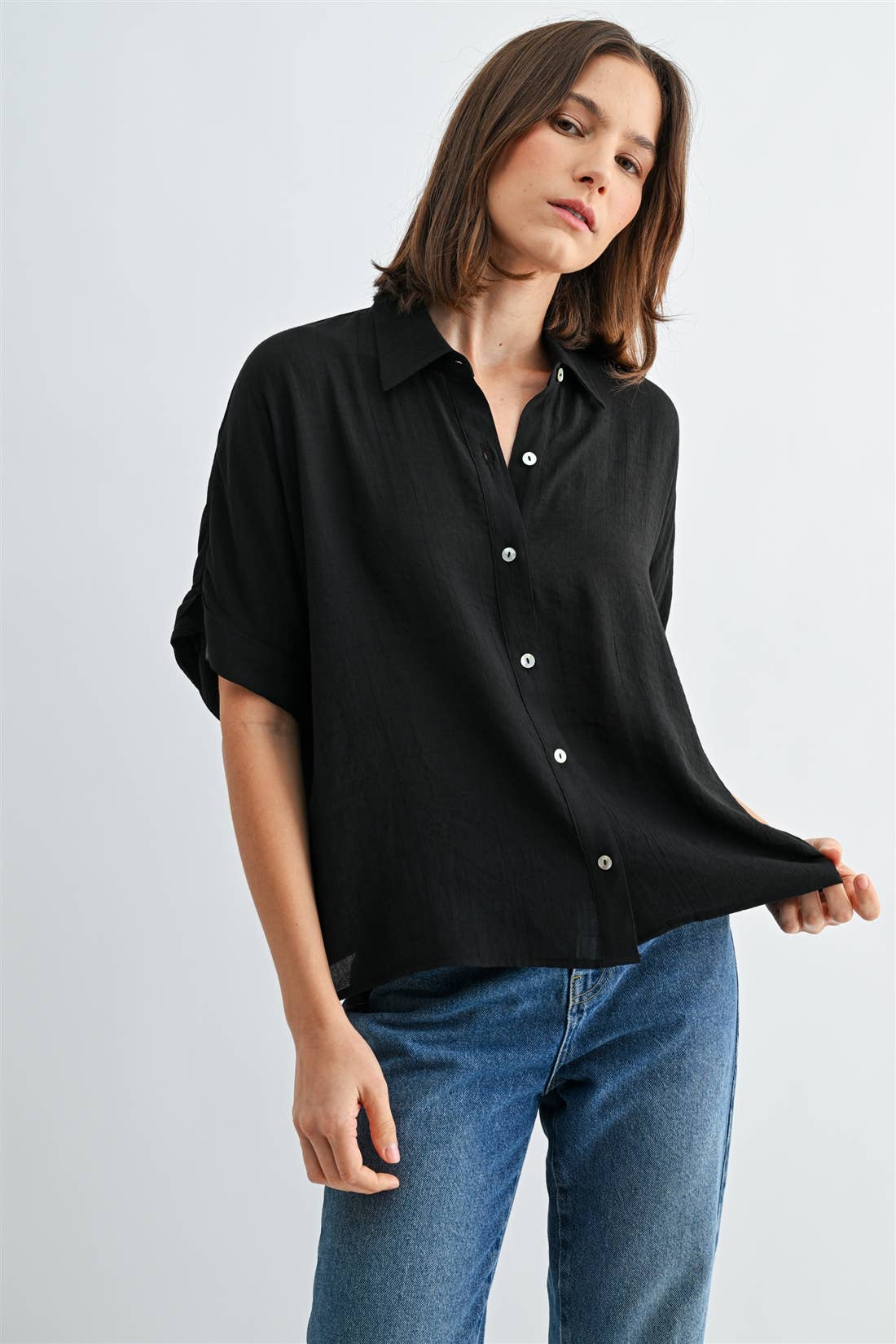 BUTTON DOWN DOLMAN SHORT SLEEVE TOP