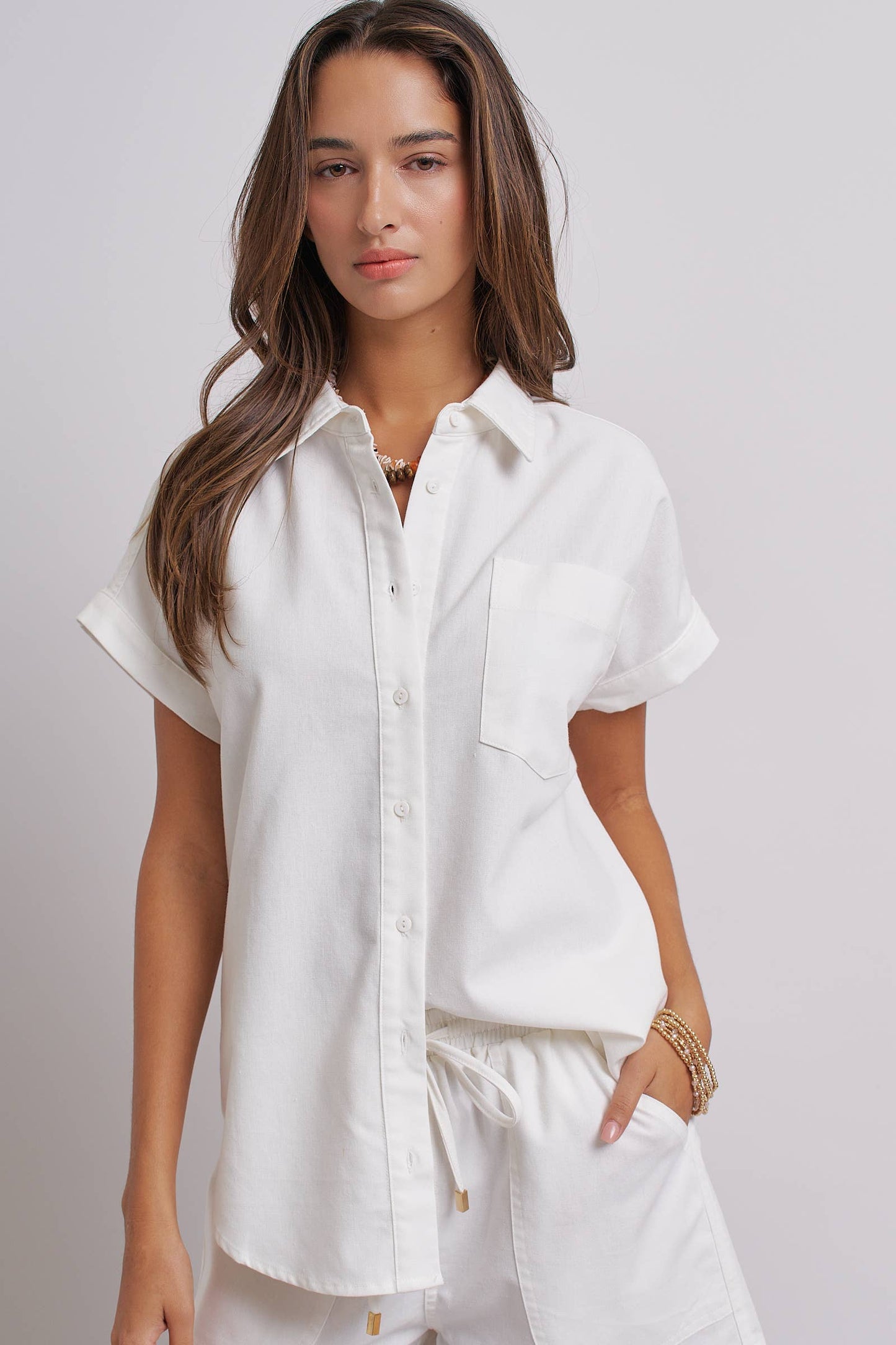 Urban Daizy - Striped Linen Short Sleeve Button-Down Shirt