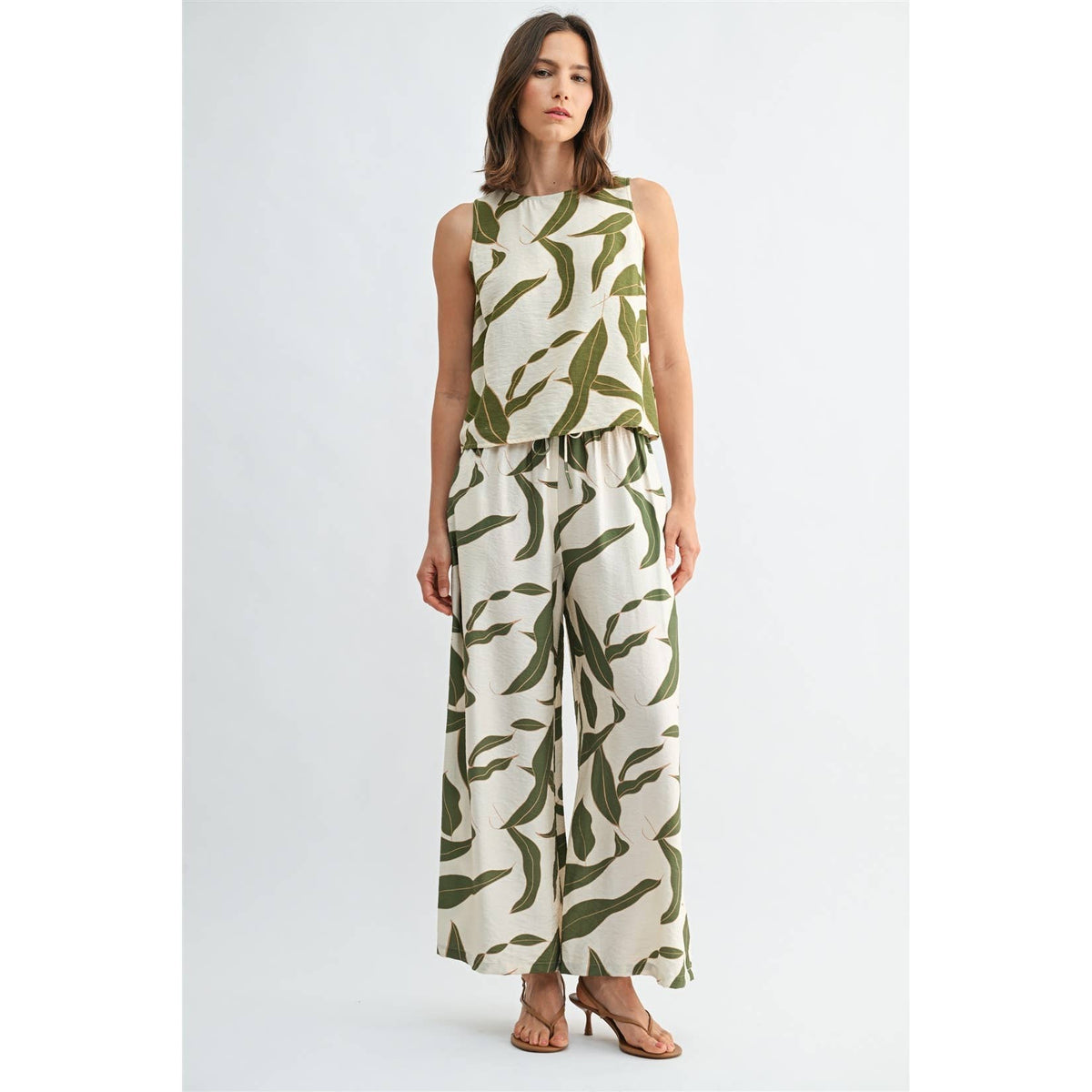 FUN2FUN - LEAF PRINT ELASTIC WAIST WIDE PANTS