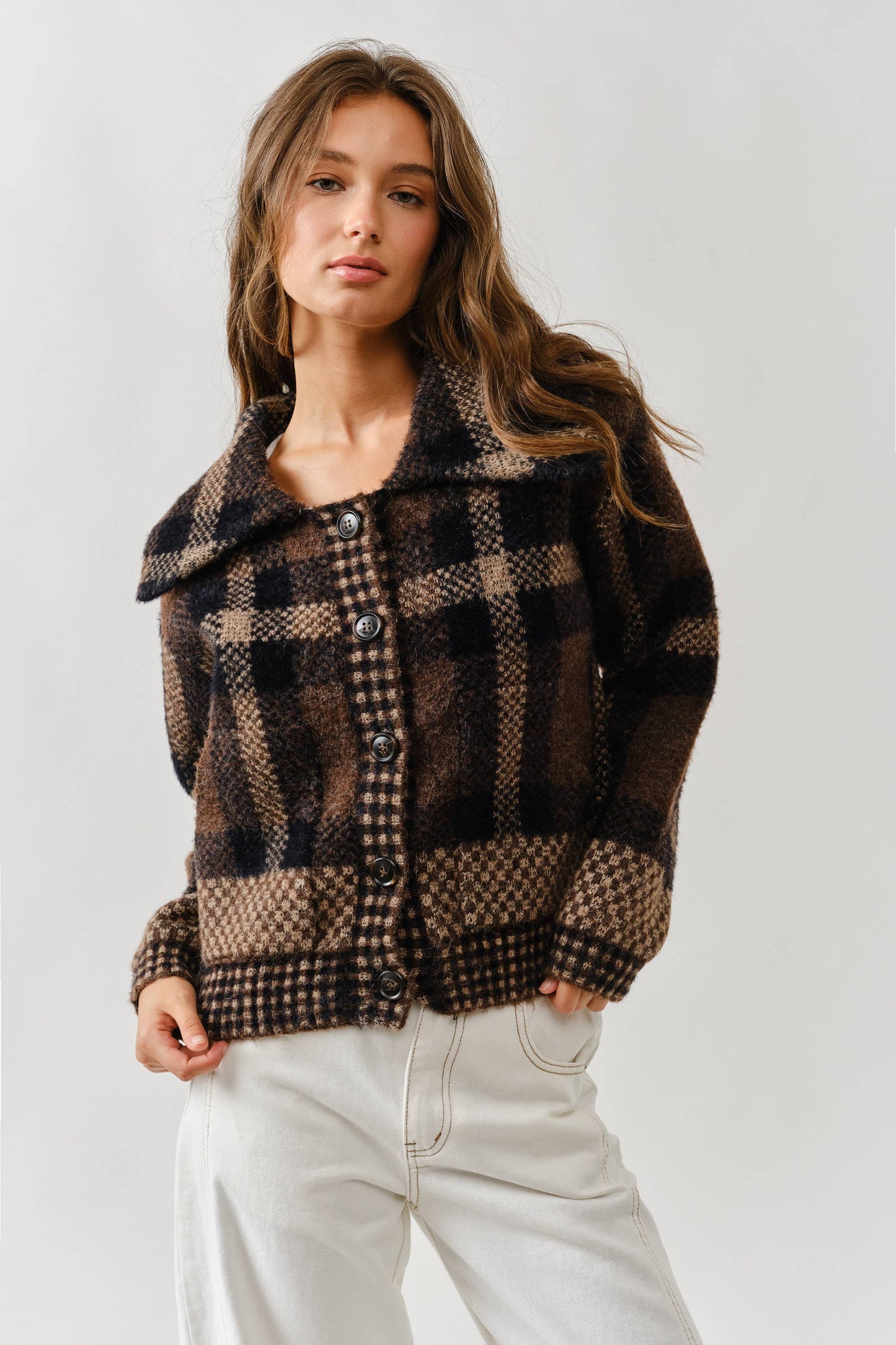 Aaron & Amber - MAJ3293 PLAID BUTTON DOWN CARDIGAN