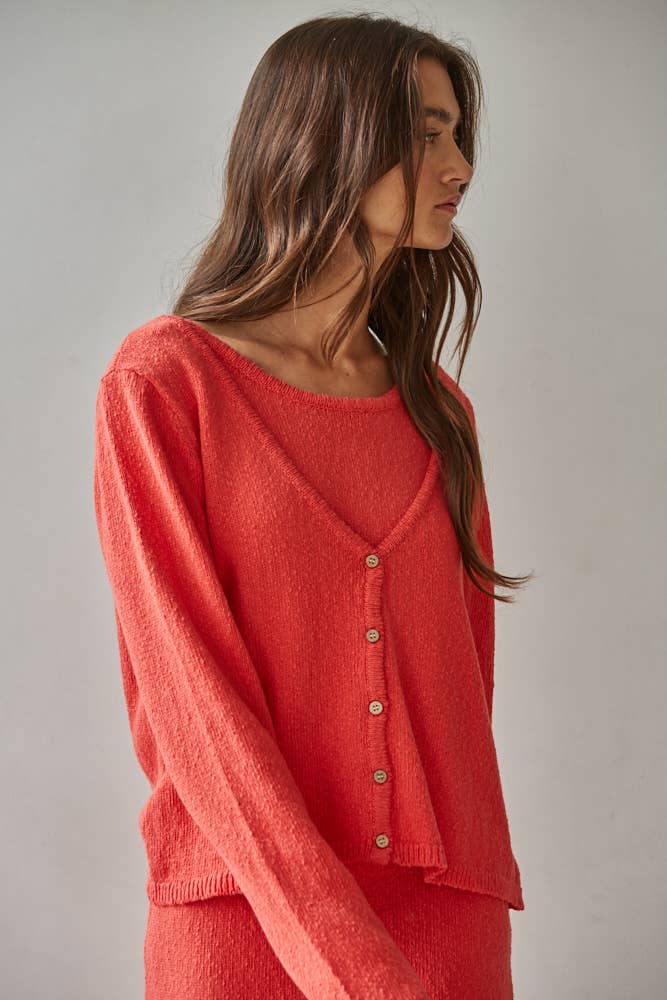 By Together - W2522T | Knit Sweater Cotton Button Down V-Neck Cardi
