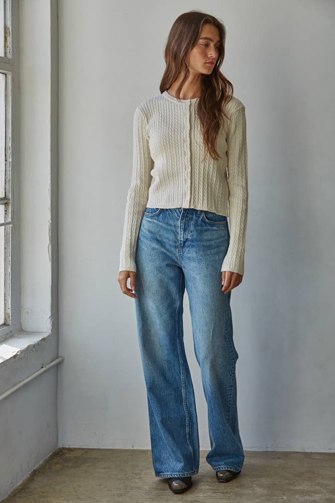 Knit Cable Sweater Cotton Button Down Cardigan Top - By Together