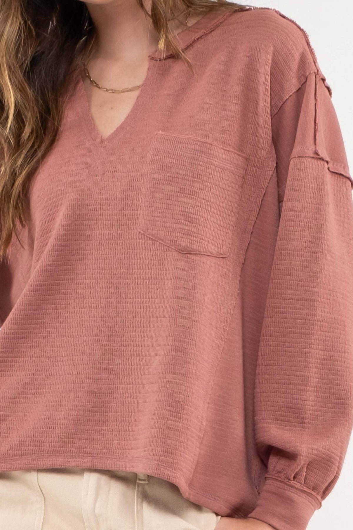 SOLID PATCHWORK SPLIT NECK KNIT TOP - Blu Pepper