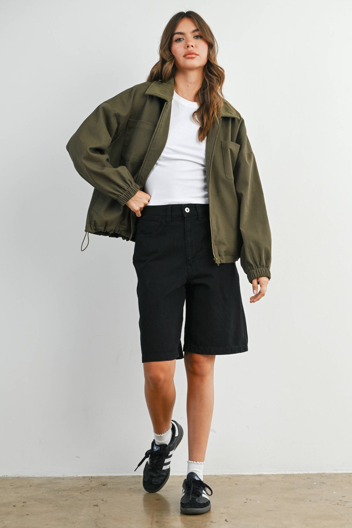 BUTTERMELON - Cord Collar Zip-Front Long Sleeve Jacket - BMJ7780