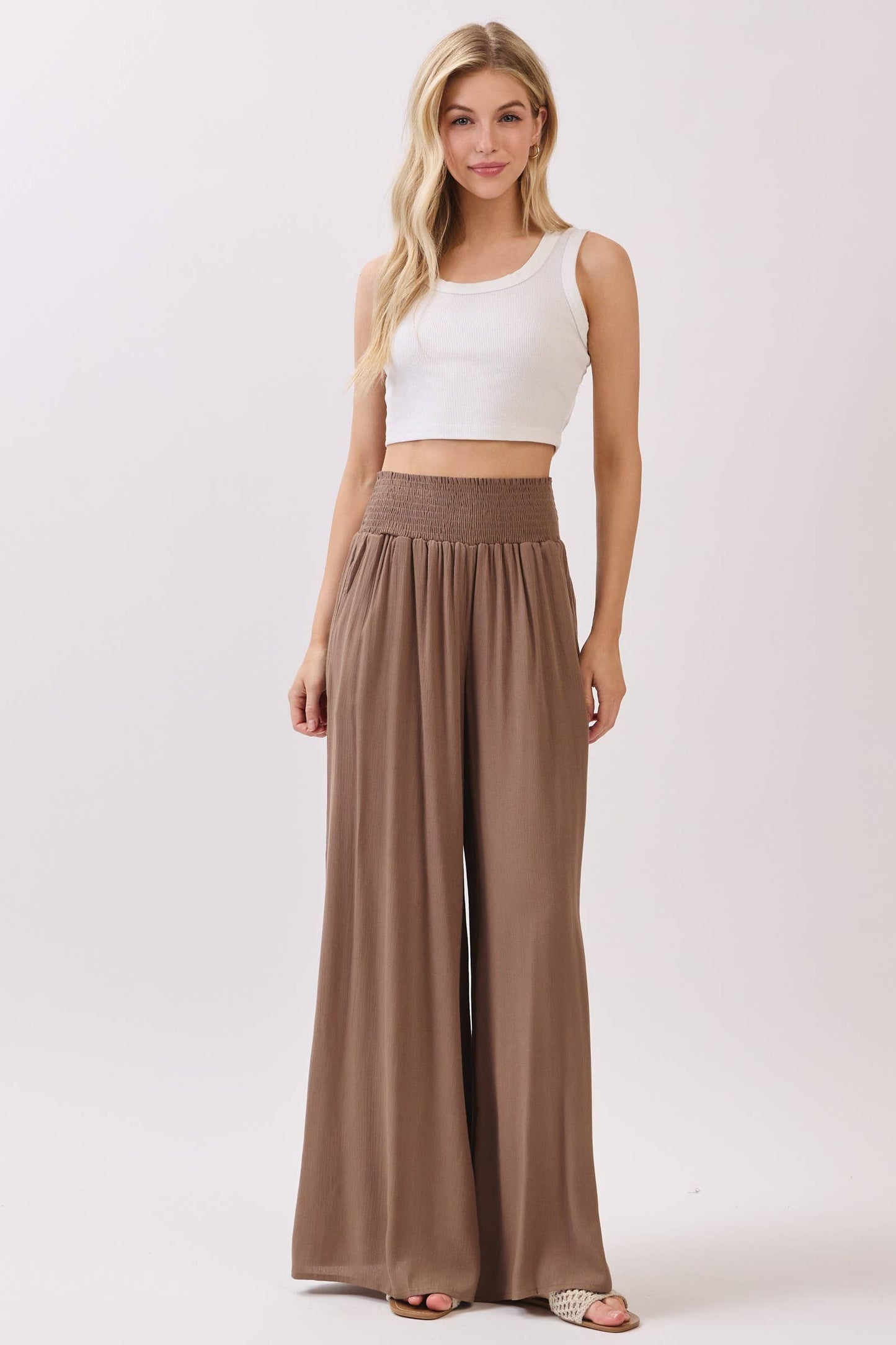 WIDE SMOCK WAIST WIDE LEG PANTS - VNP70263D