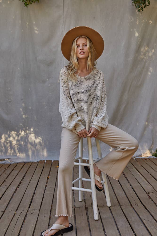 Sweater Knit Crochet Round Neck Long Sleeve Top - By Together