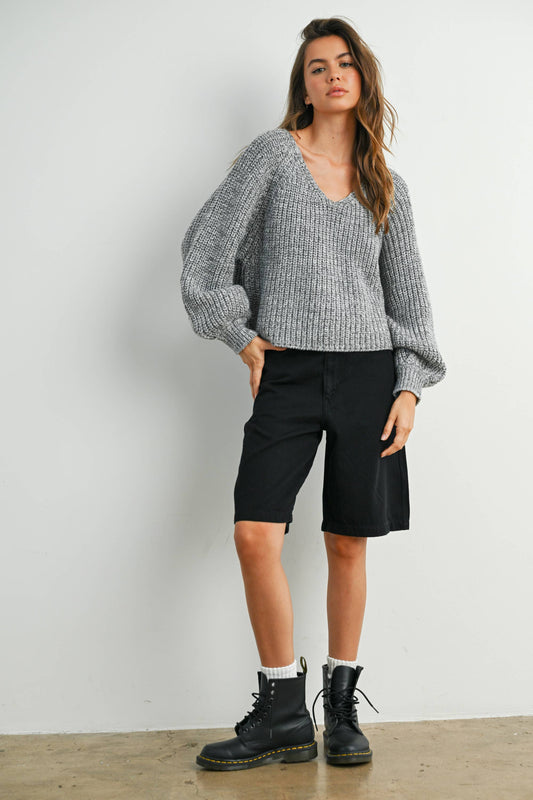 BUTTERMELON - Tie-Back V-Neck Drop Shoulder Long Sleeve Top - BMW7810