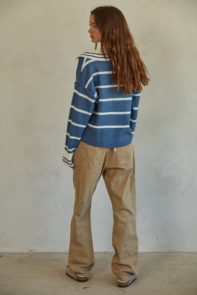 W1337 | Knit Sweater Striped Collar V-Neck Long Sleeve Top