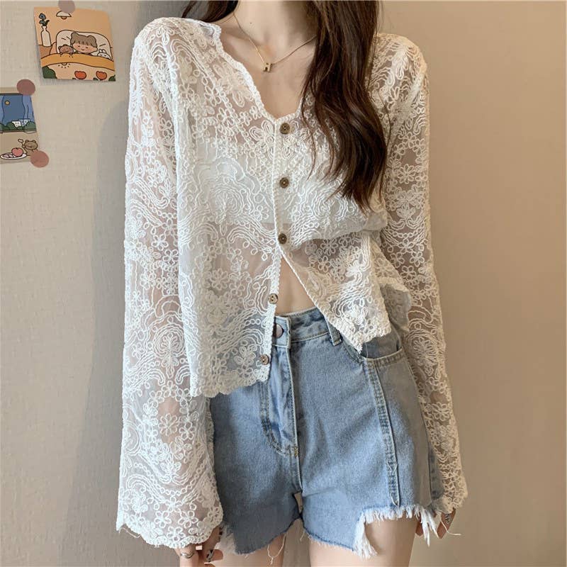 Hope & Sunshine - Crochet Cutout Long Sleeve Lace Mesh Top
