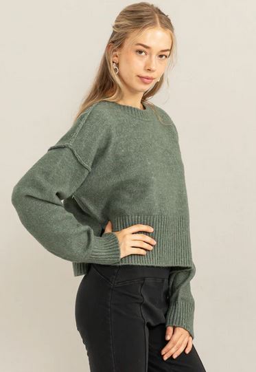 BEYOND CHIC REVERSE SEAM SIDE SLIT SWEATER
