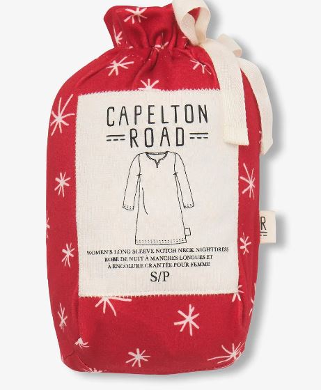 red snowflakes long sleeve night dress in a bag