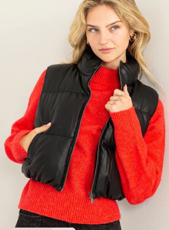 INSTANT CONFIDENCE CROP PUFFER VEST FAUX LEATHER