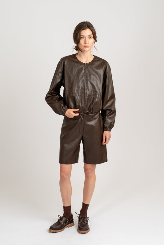 CREW NECK FAUX LEATHER JACKET W/ ELASTIC HEM