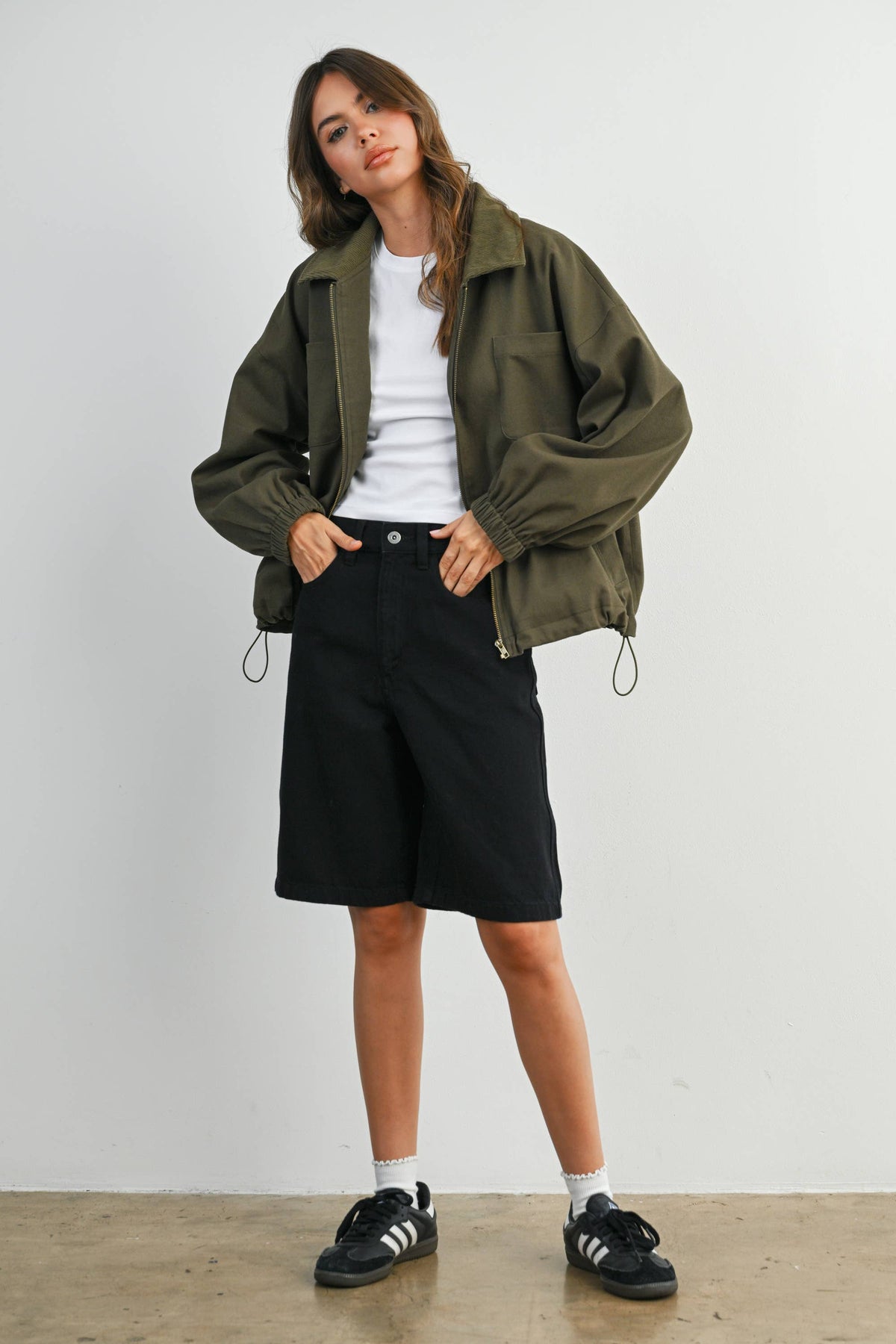 BUTTERMELON - Cord Collar Zip-Front Long Sleeve Jacket - BMJ7780