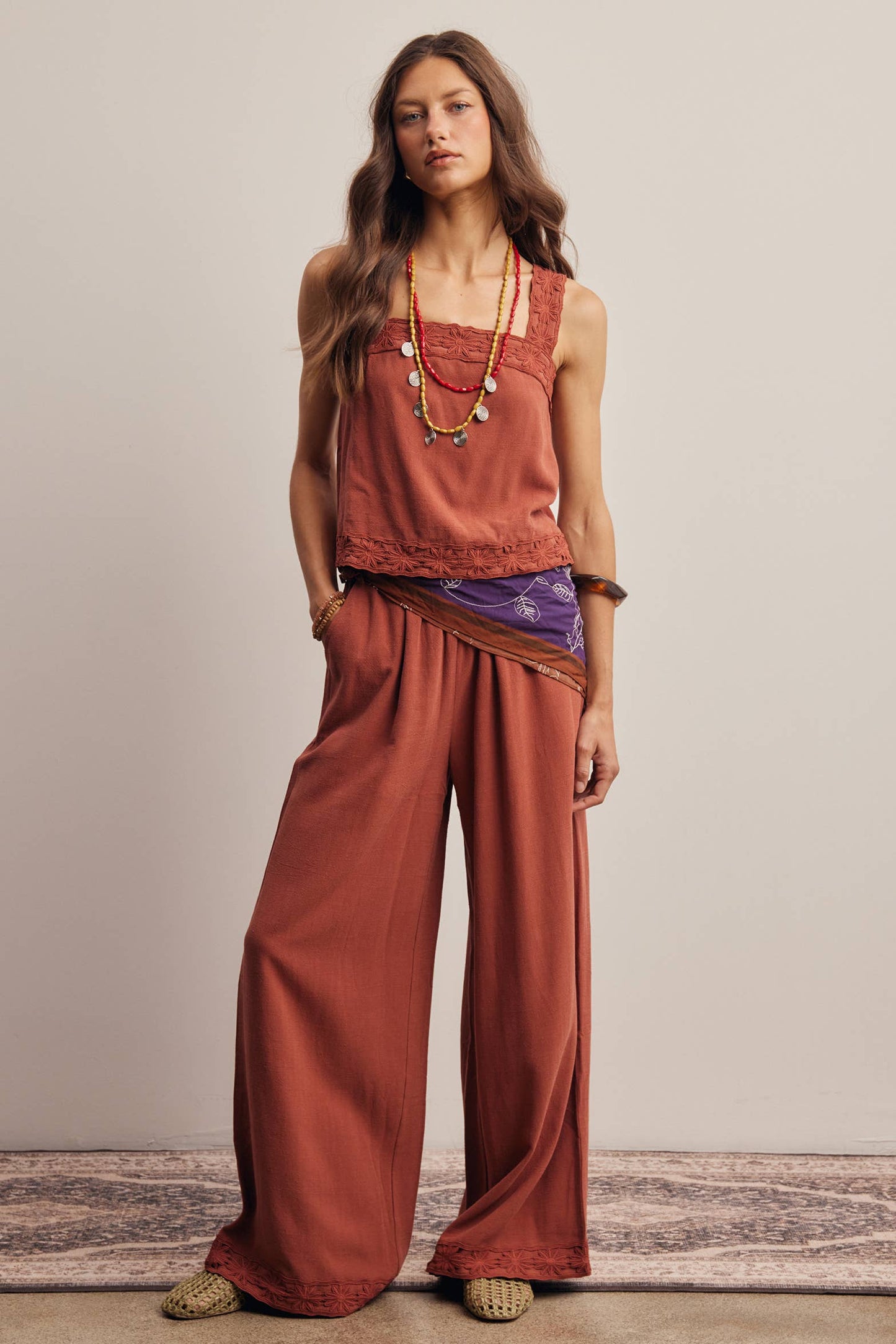 Embroidered Square-Neck Tank & Wide-Leg Pants Set FSET011