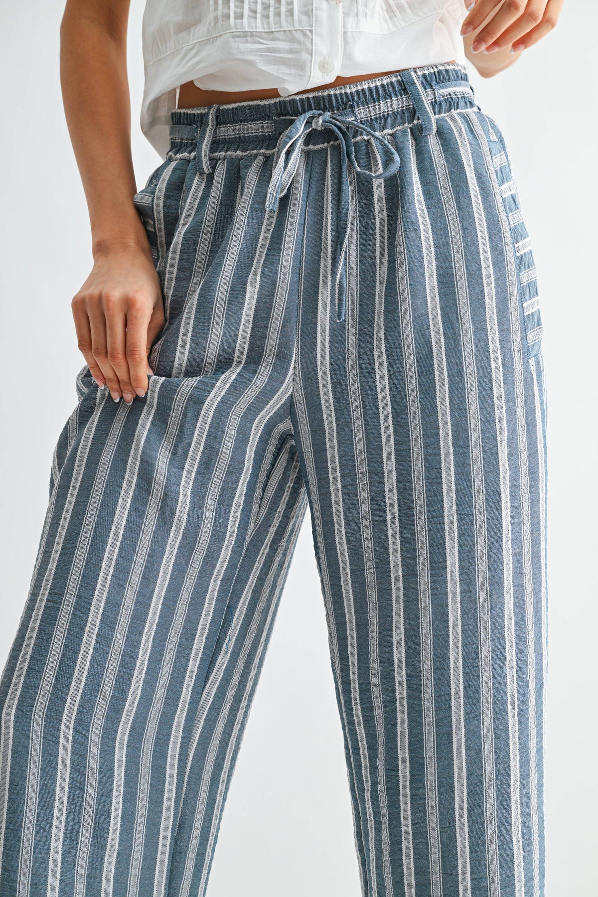 Striped Wide Leg Drawstring Pants - Camellia