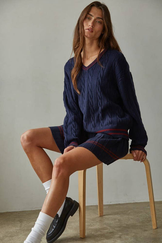 Knit Cable Sweater V-Neck Long Sleeve Pullover Top - By together
