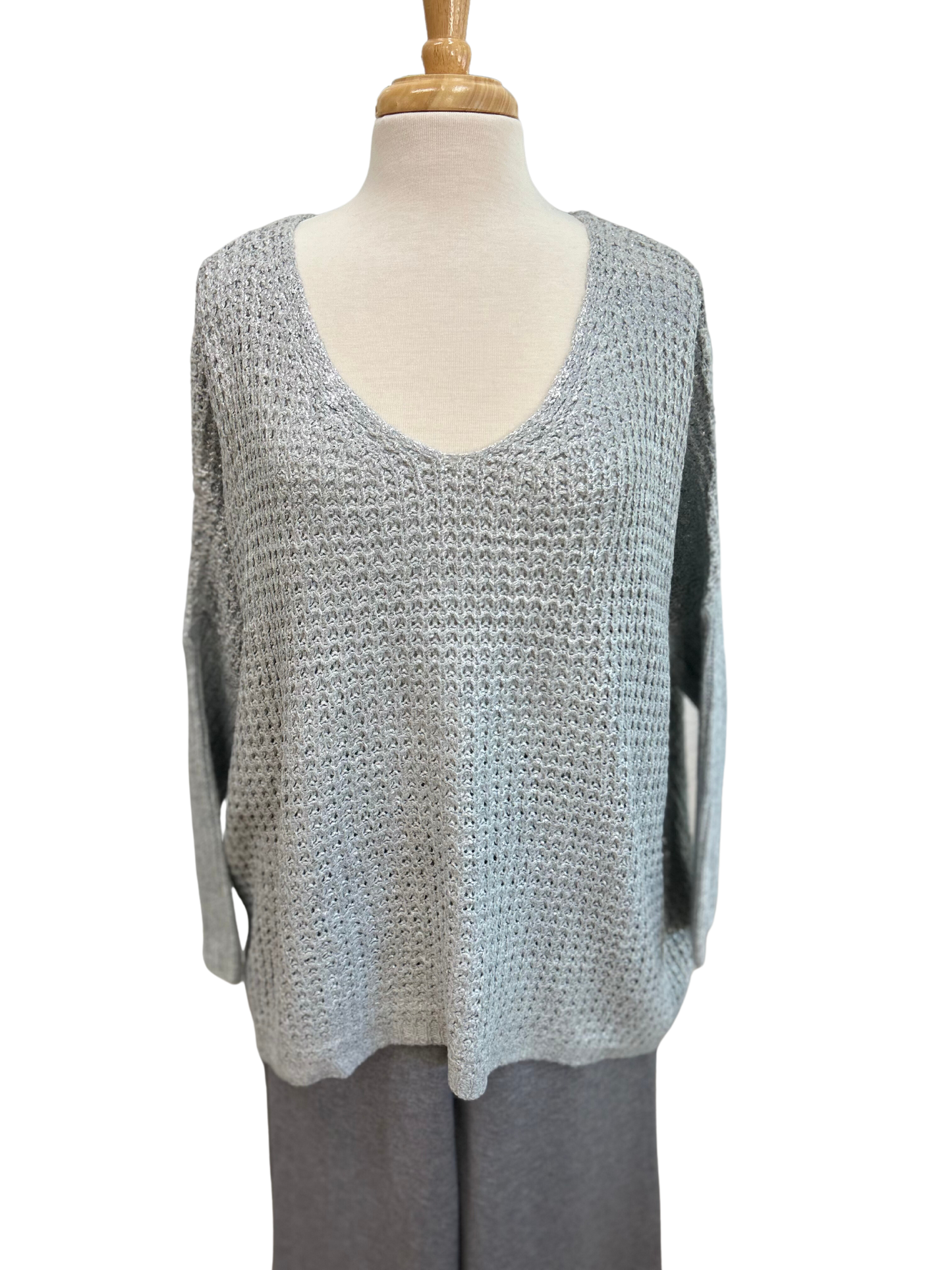 V-Neck Metallic Hi-Lo Sweater
