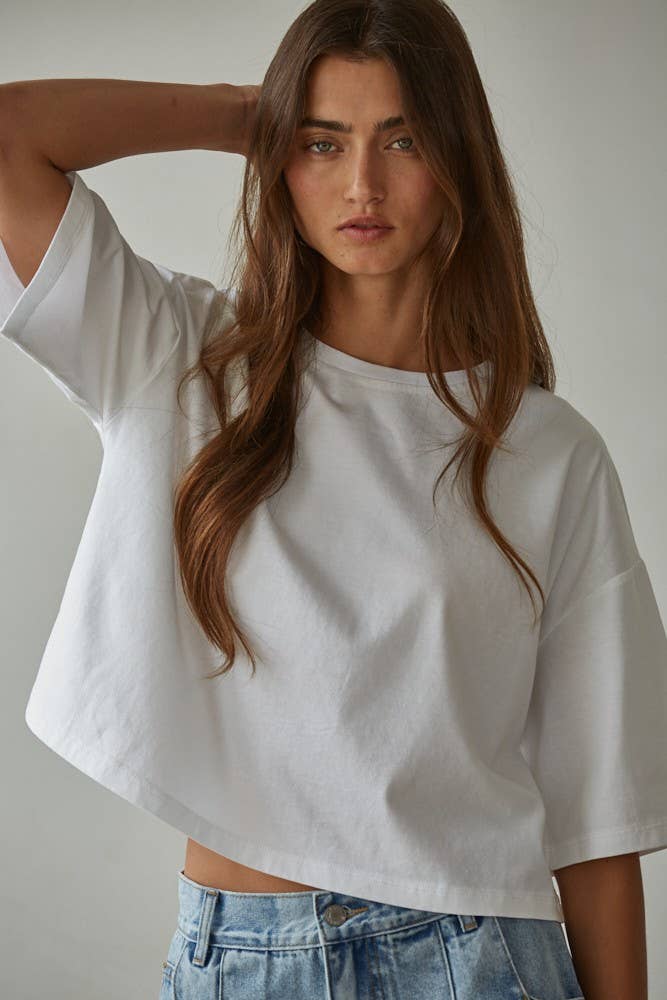 By Together - L8688 | Knit Cotton Crew Neck Drop Shoulder Short Sleeve Top