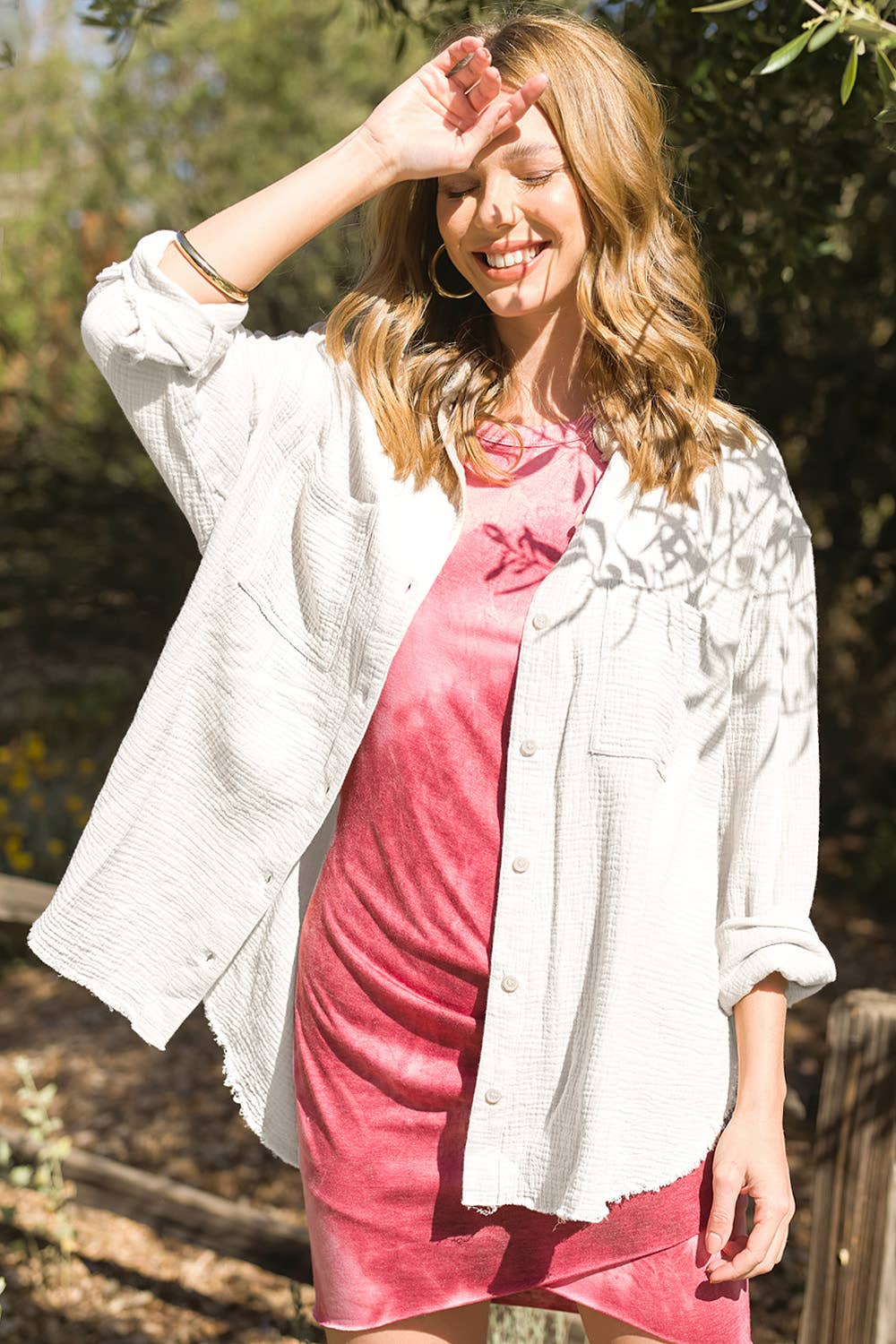 La Miel - SRT7448-Soft Washed Crinkled Gauze Button Down Shirts