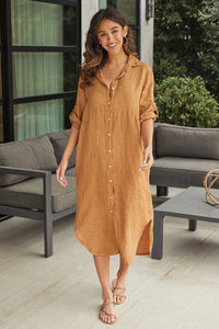 SOLID MIDI-LENGTH LINEN DRESS