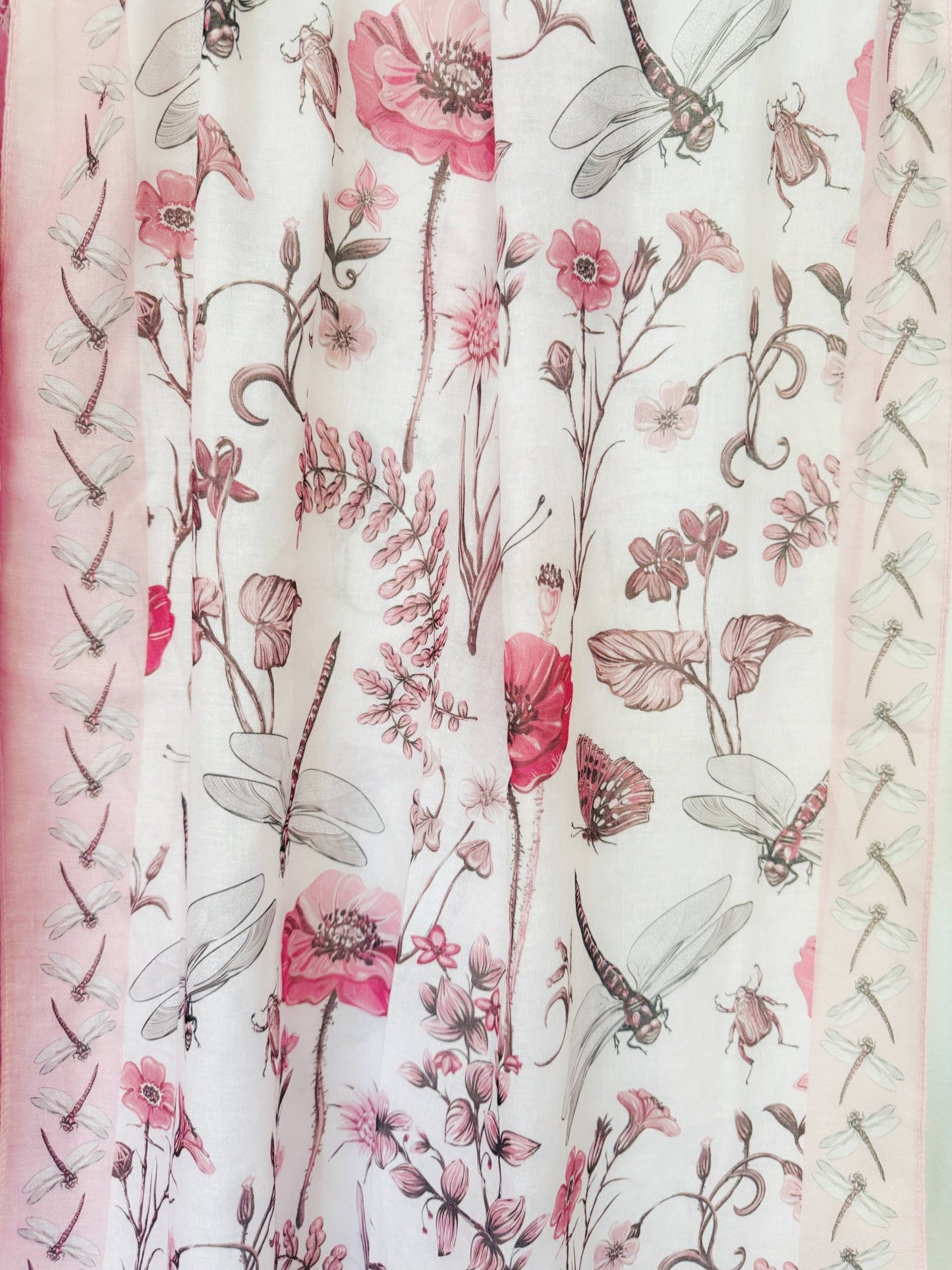 JC Sunny Fashion - JC071195 White-Pink Floral Dragonfly Scarf/Shawl
