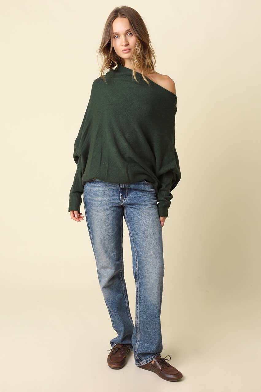 Amar Asymmetric Off-Shoulder Sweater - Olivaceous