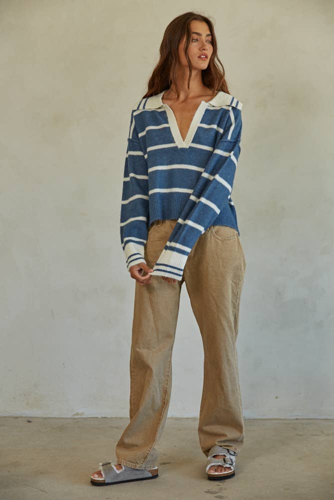 W1337 | Knit Sweater Striped Collar V-Neck Long Sleeve Top