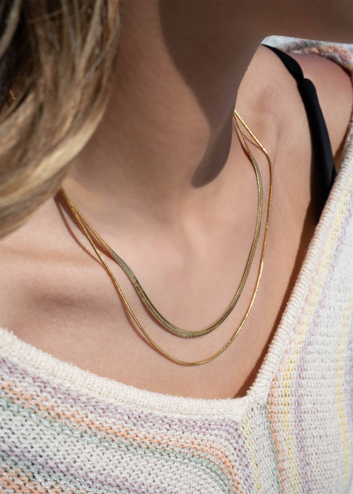 18K Gold PVD Stainless Steel Herringbone and Snake Layered Chain Necklace