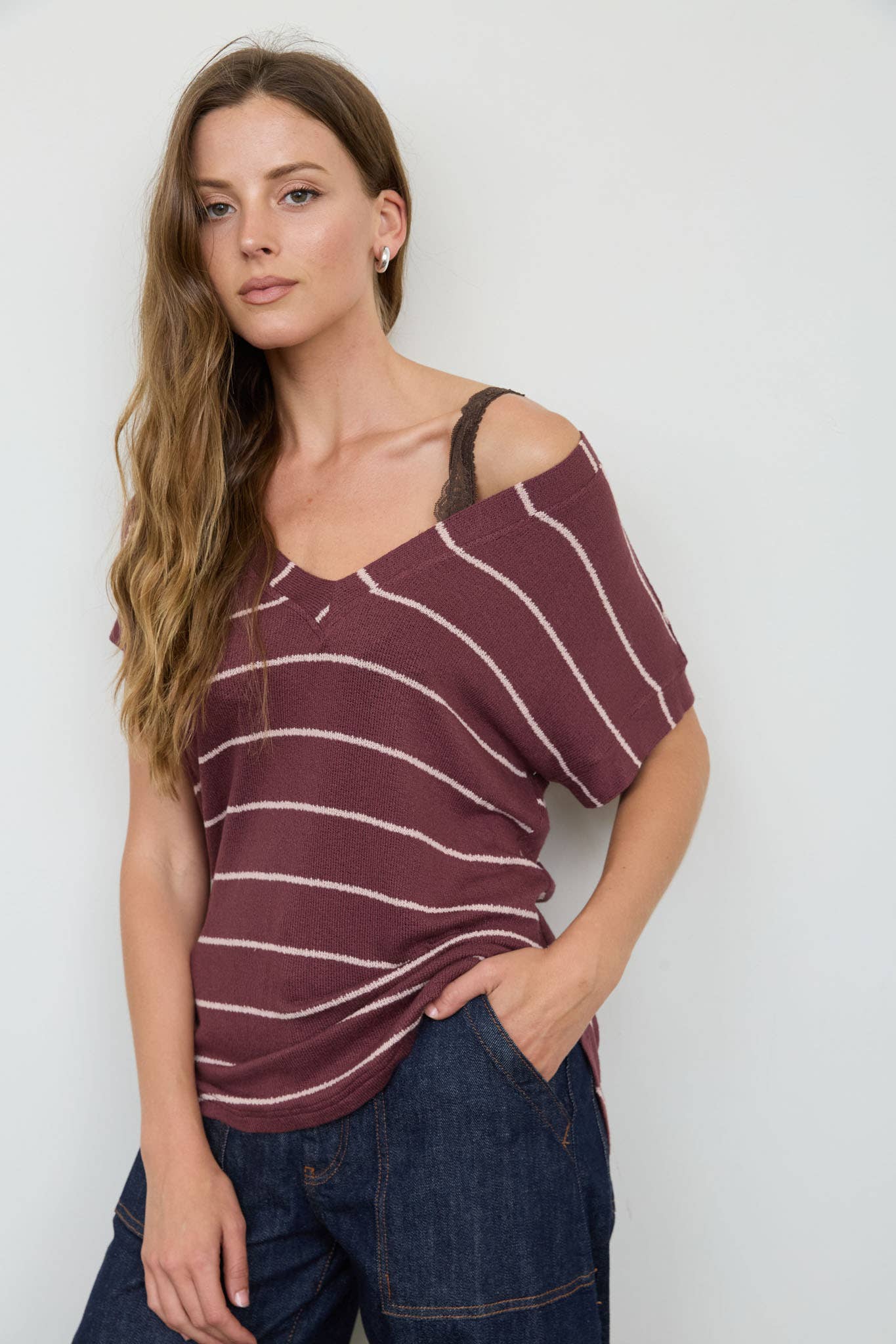 STRIPE V NECK CUFFED SLEEVE KNIT TOP - Blu Pepper