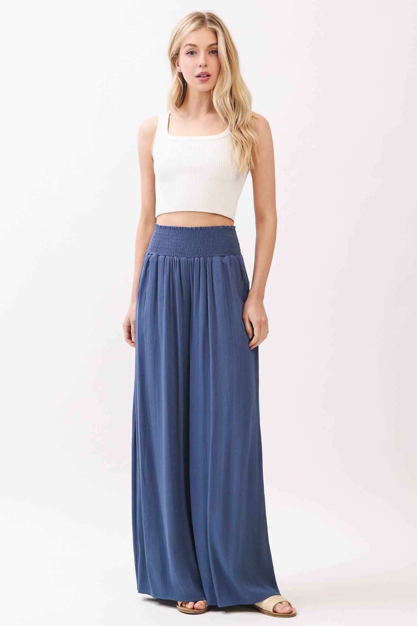WIDE SMOCK WAIST WIDE LEG PANTS - VNP70263D