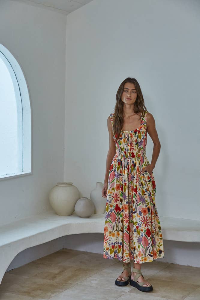 L9342 | Woven Cotton Rayon Floral Print Sleeveless Dress