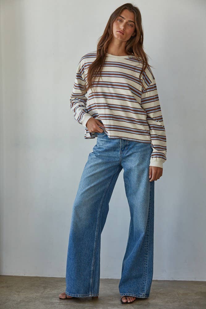Knit Cotton Multicolor Stripe Crew Neck Long Sleeve - By Together