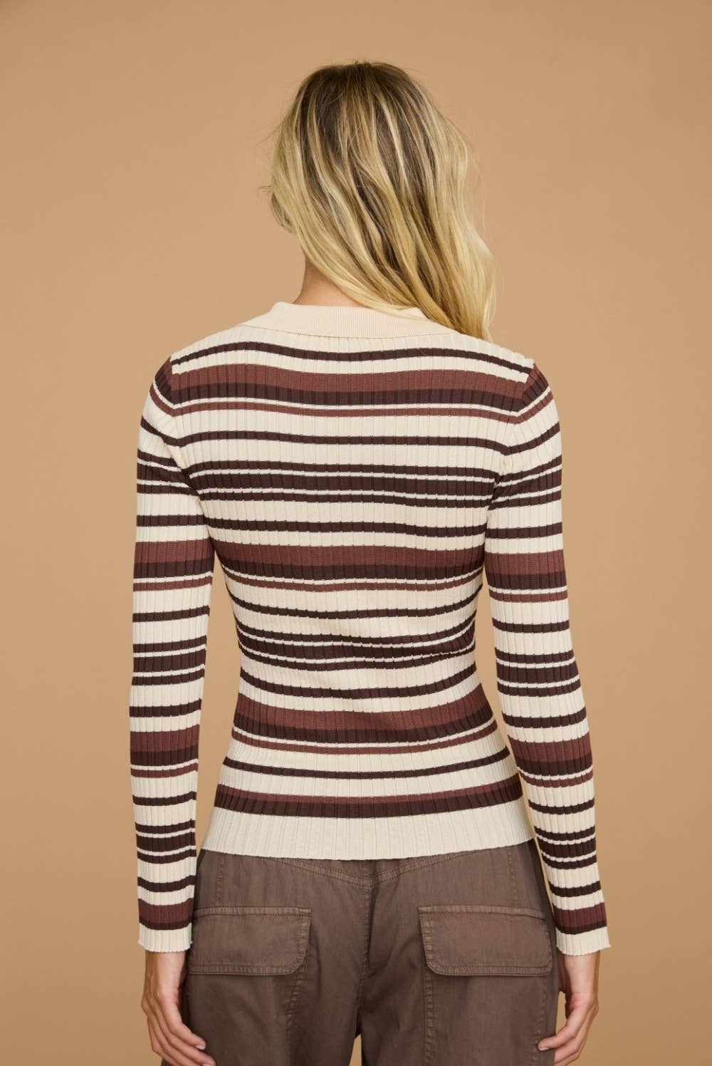Striped Ribbed Polo Collar Button Knit Top - Dottie Dottie