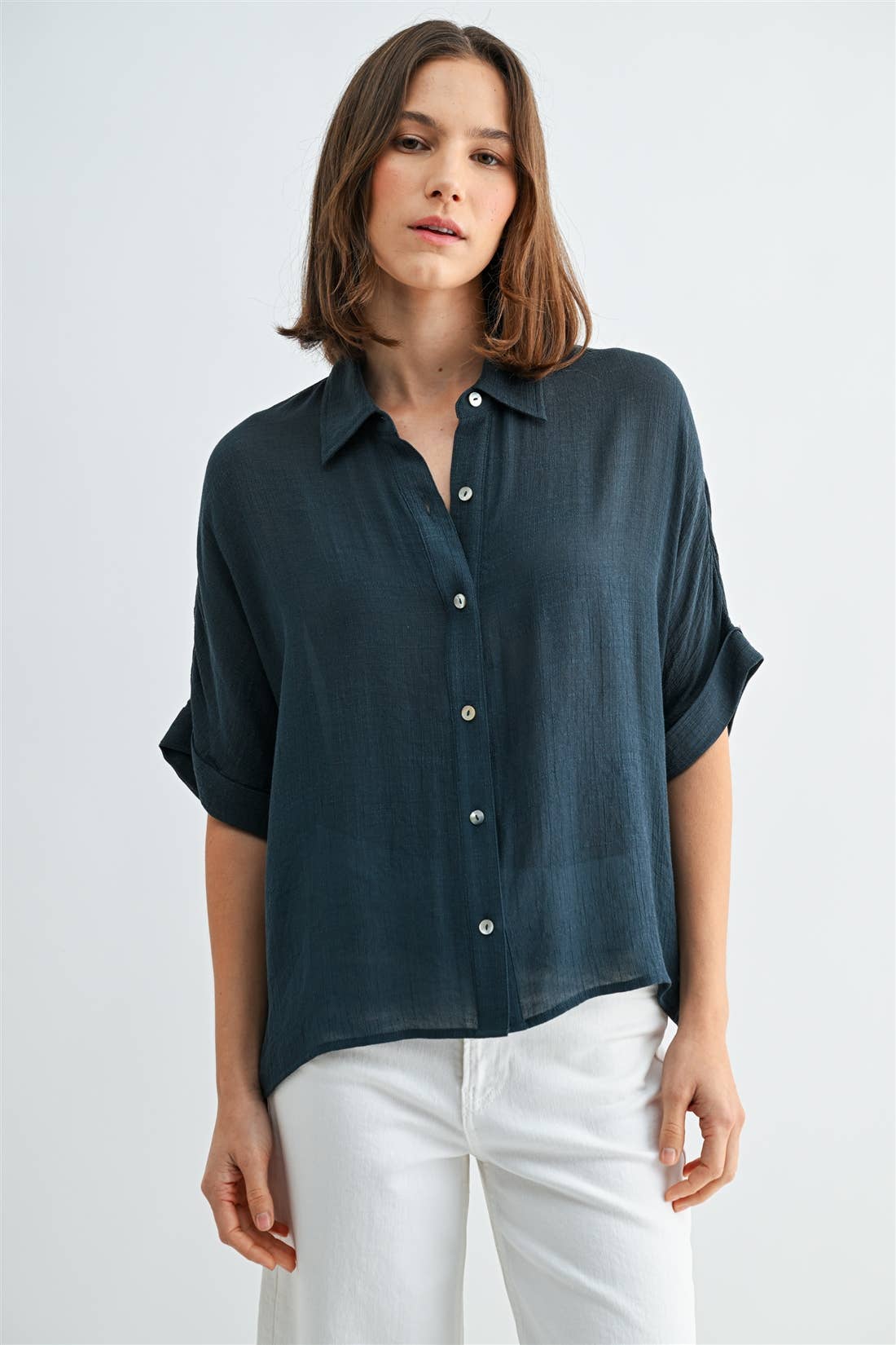 BUTTON DOWN DOLMAN SHORT SLEEVE TOP