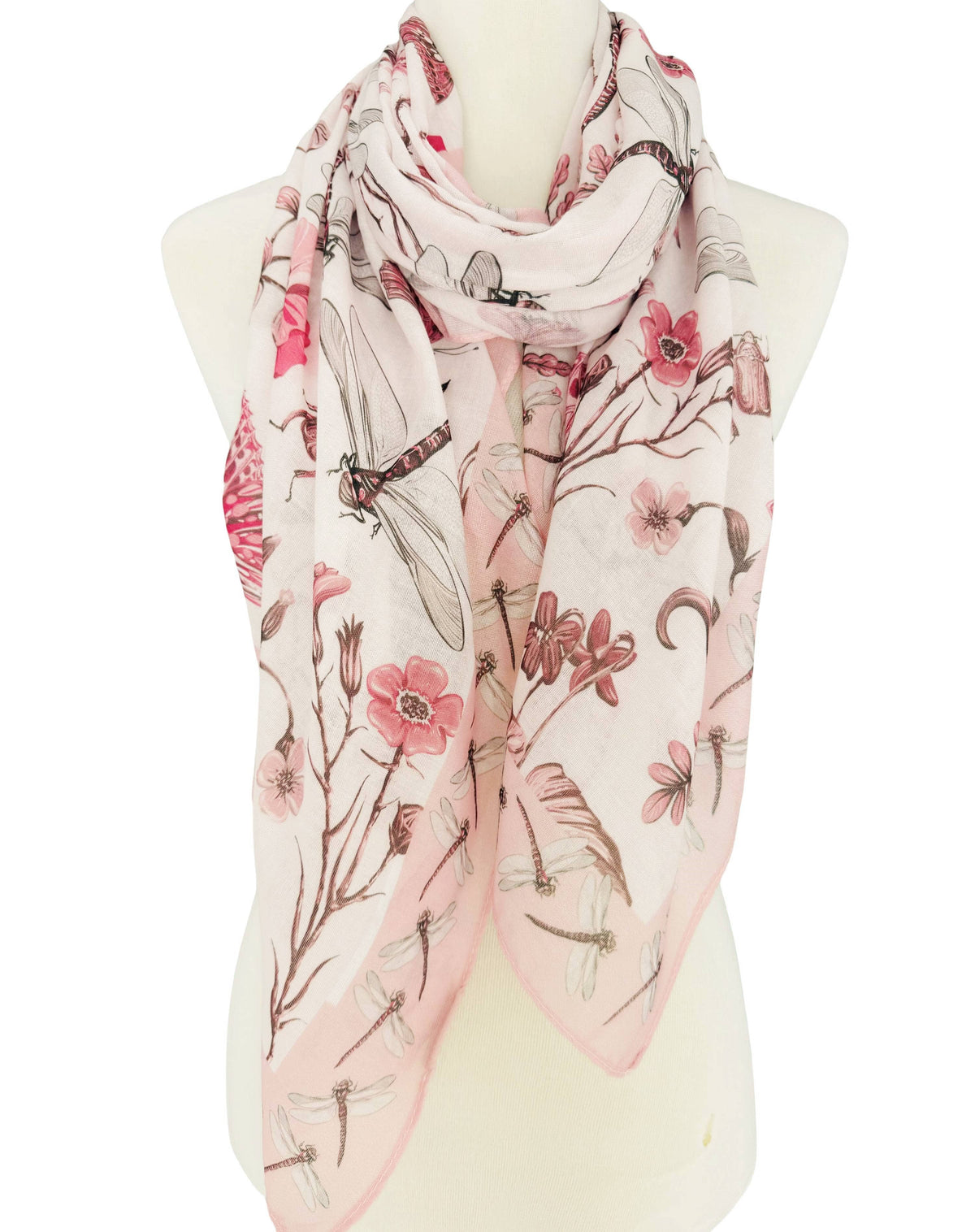 JC Sunny Fashion - JC071195 White-Pink Floral Dragonfly Scarf/Shawl