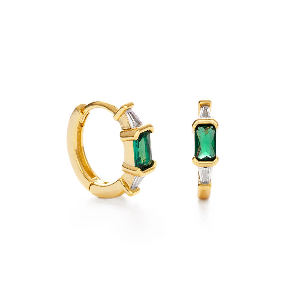 Emerald Green + Crystal Baguette Huggie Hoop Earrings - Amano Studio