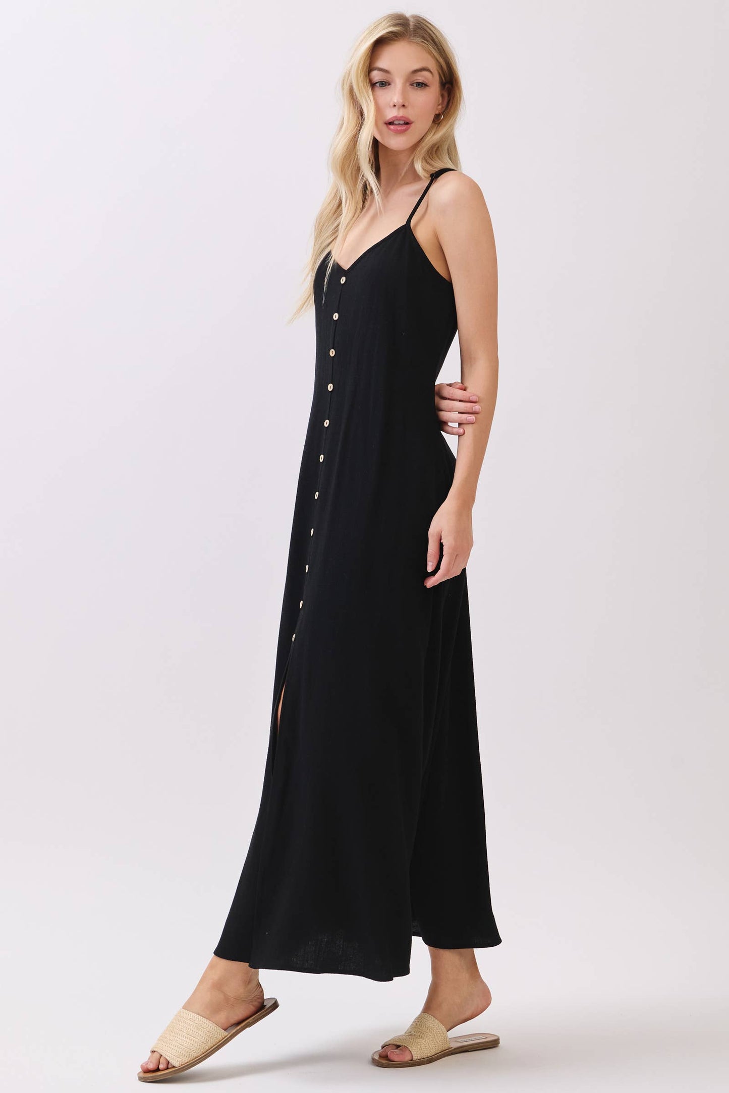 FLOWY DRESS WITH BUTTONED TRIM AND SLIT - VND40209E8