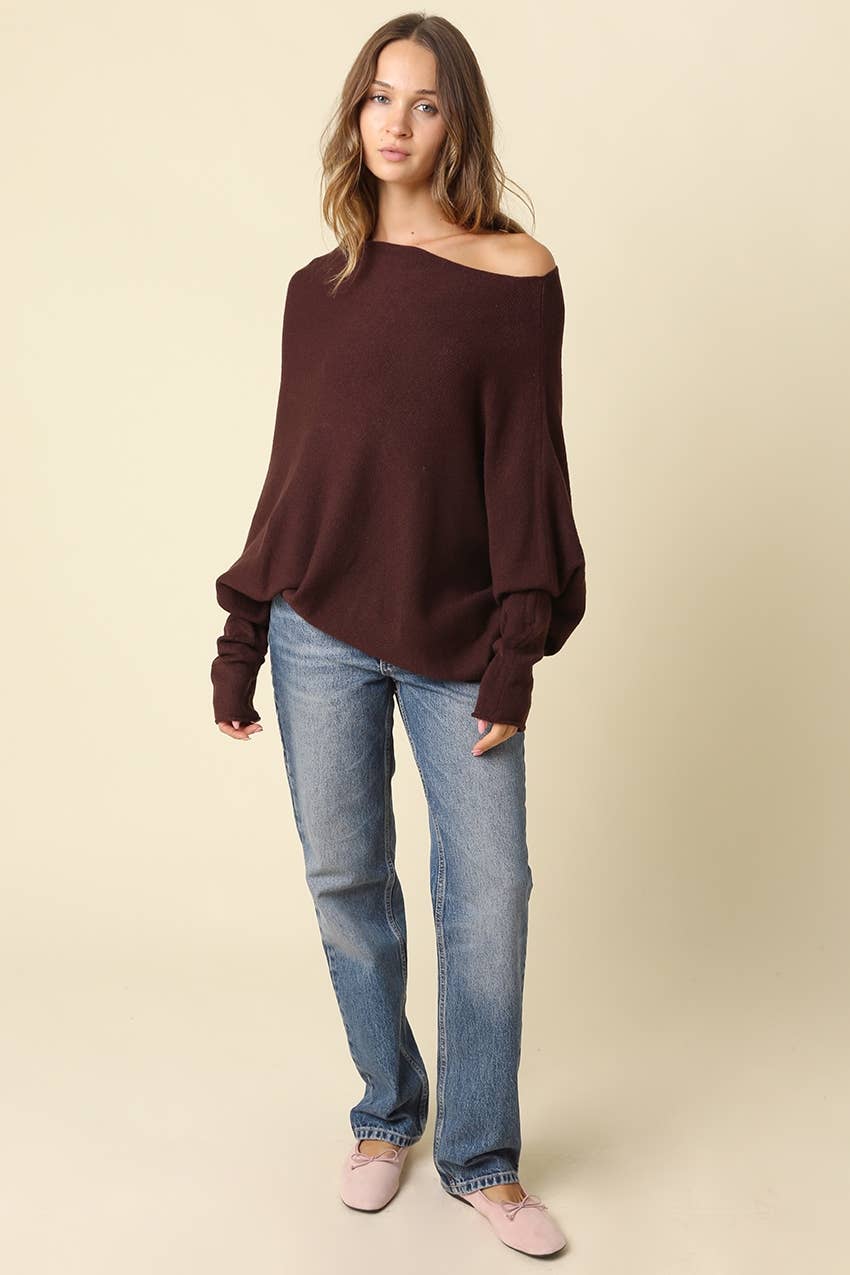 Amar Asymmetric Off-Shoulder Sweater - Olivaceous