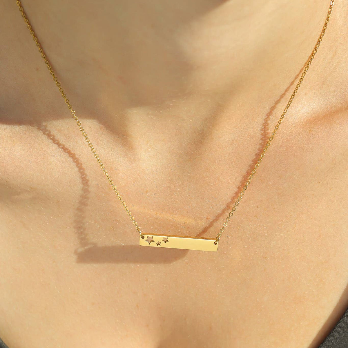 18K Gold PVD Stainless Stars Blank Bar Necklace - WJW