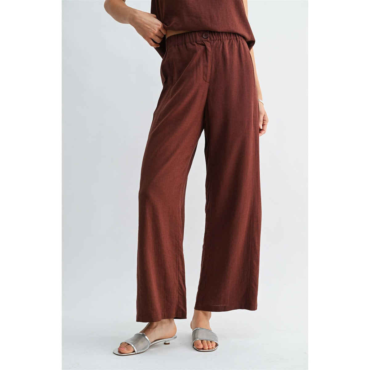FUN2FUN - LINEN BLEND ELASTIC WAIST BUTTON FRONT PANTS