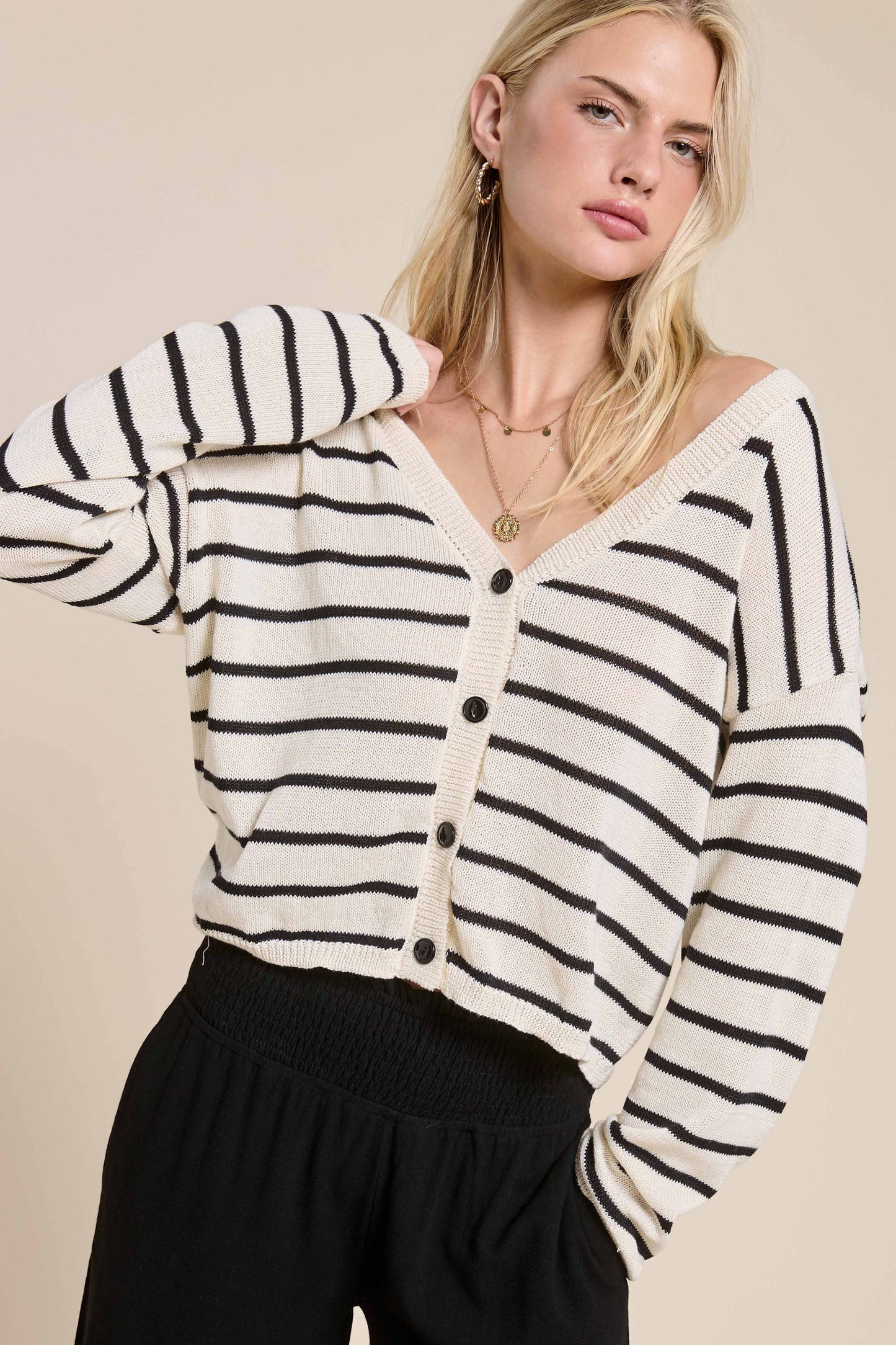 La Miel - MDS3611-Relaxed Striped Summer V Neck Button Down Cardigan