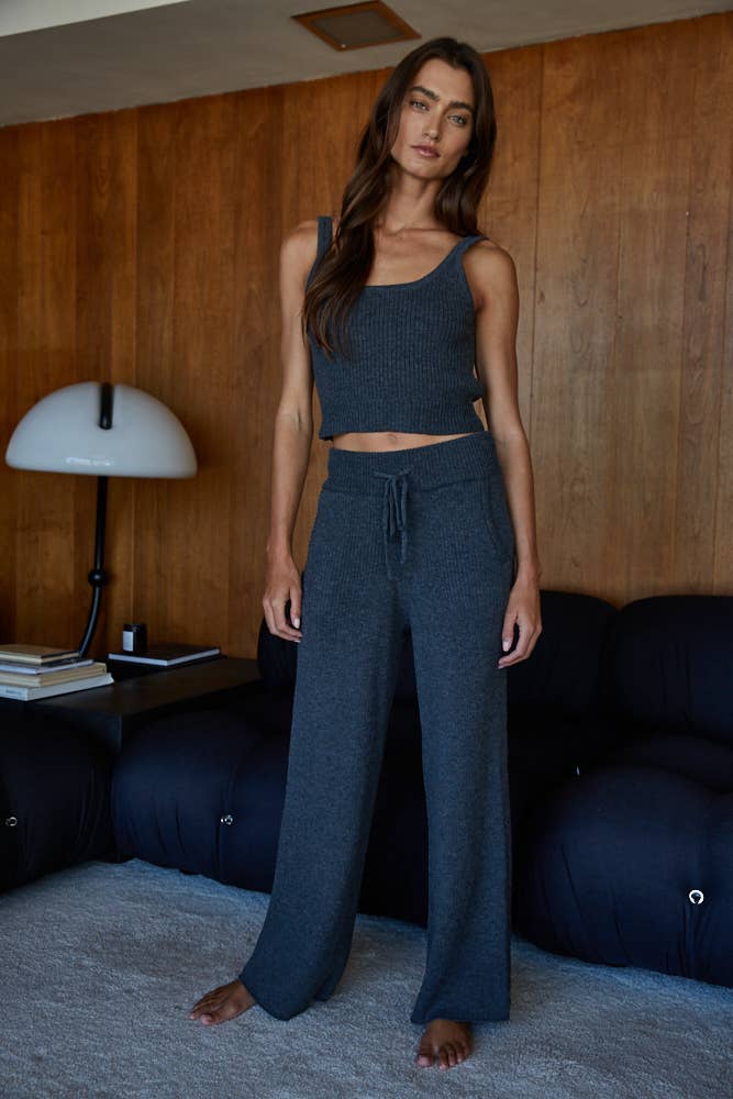By Together - W2242B | Knit Sweater Ribbed Straight Leg Pants