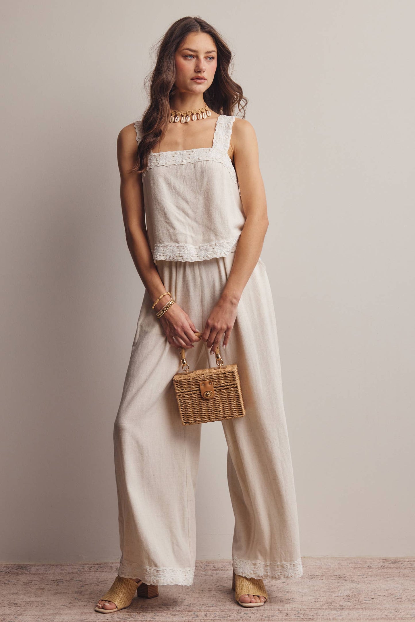 Embroidered Square-Neck Tank & Wide-Leg Pants Set FSET011