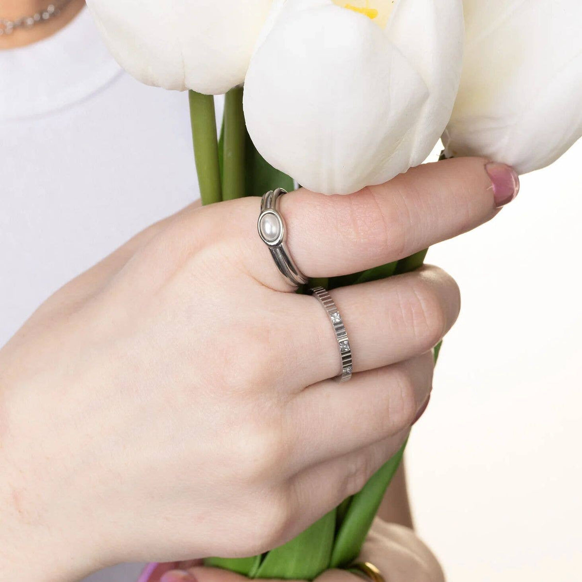 18K Gold PVD Stainless Steel Faux Pearl Statement Ring - WJW