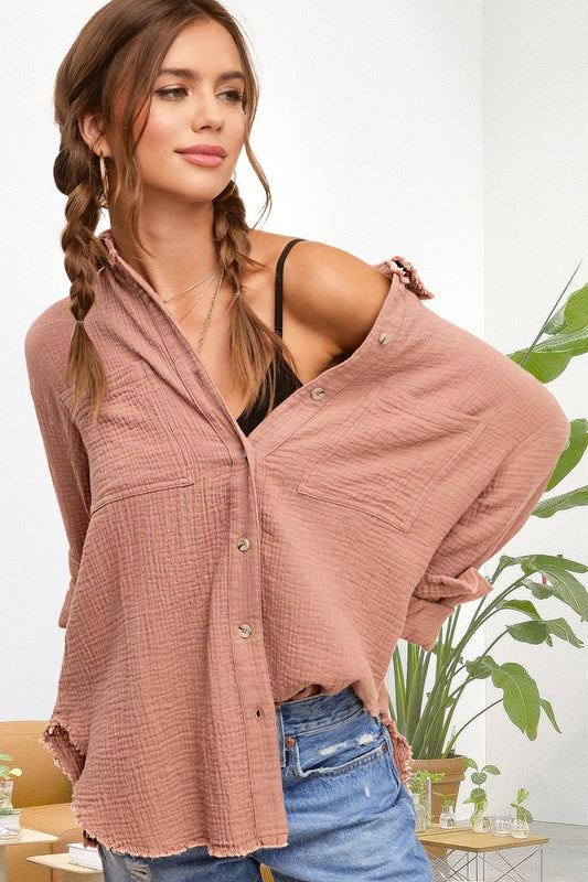 La Miel - SRT7448-Soft Washed Crinkled Gauze Button Down Shirts