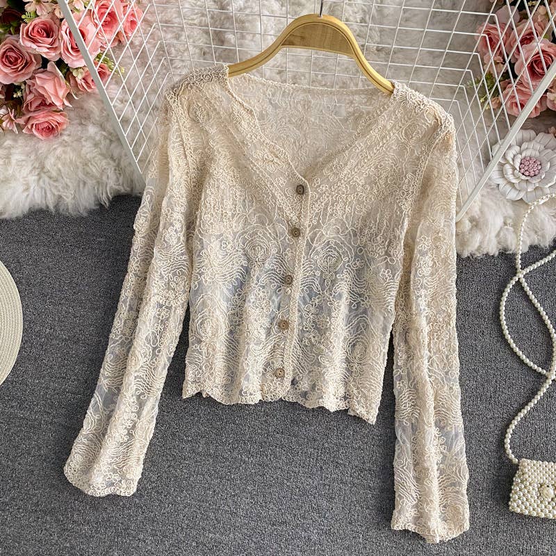 Hope & Sunshine - Crochet Cutout Long Sleeve Lace Mesh Top