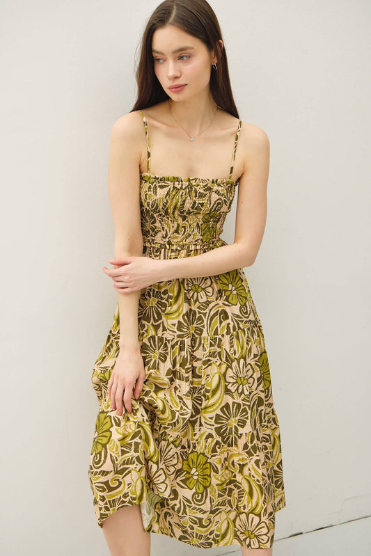 Be Cool - PRINTED FLORAL MIDI DRESS W/ SMOCKED BODICE