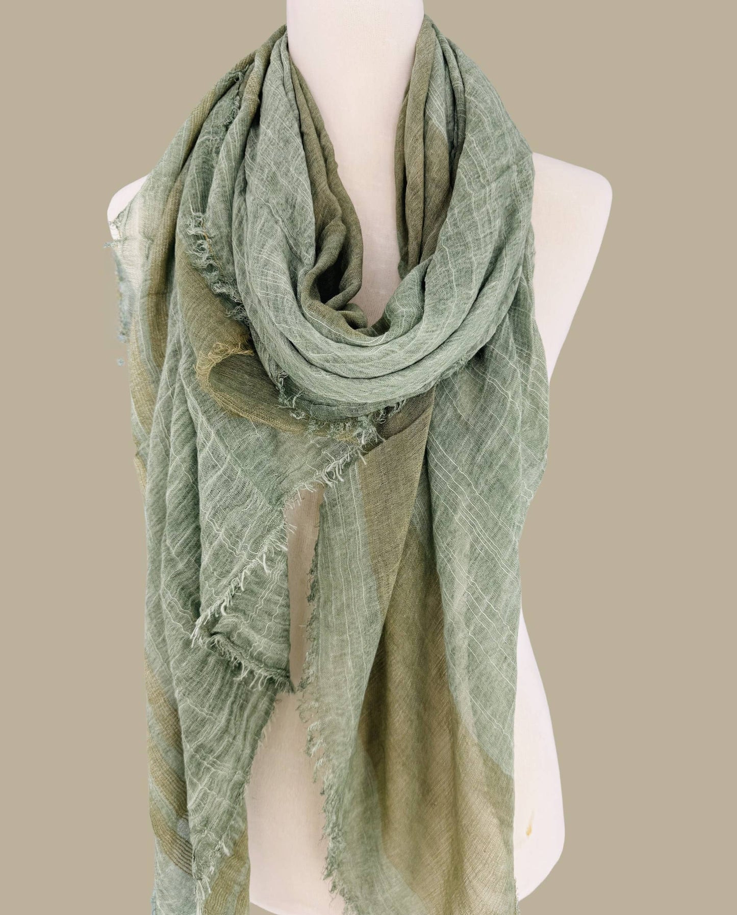 JC Sunny Fashion - JC021038 Textured Gauze Scarf Shawl – Soft Washed Colorblock Wrap with Subtle Distressed Dye & Raw Fringe Edges